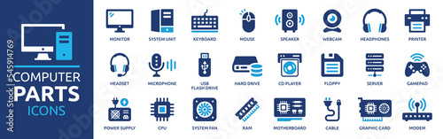 Computer parts icon set. Computer components icons containing monitor, server, cpu, hard drive, ram, webcam, printer and more. Solid icon collection.