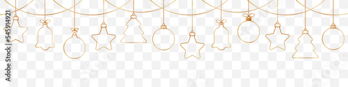 Christmas ball golden line icon.Set of simple golden christmas balls isolated on transparent background. Christmas decoration.Christmas and New Year seamless banner or border.Golden angel