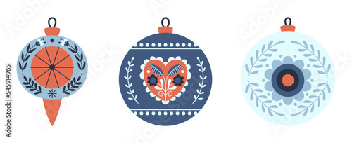 Set of Various Christmas Tree Toys in Cute Scandinavian Folk Style. Isolated Glass Ornate Colored Decorative Elements