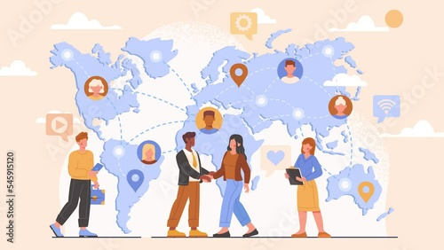Successful partnership negotiation. Moving man and woman entrepreneurs make agreement and shake hands. Global or international business, collaboration and teamwork. Flat graphic animated cartoon