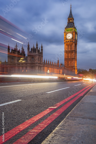 Big Ben during a evening with lights of cars on the bridge in London  England  United Kingdom