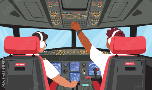 Pilots Wearing Headset or Headphones and Uniform Sitting in Chairs in Cabin of Plane Rear View. Aviators Drive Aircraft