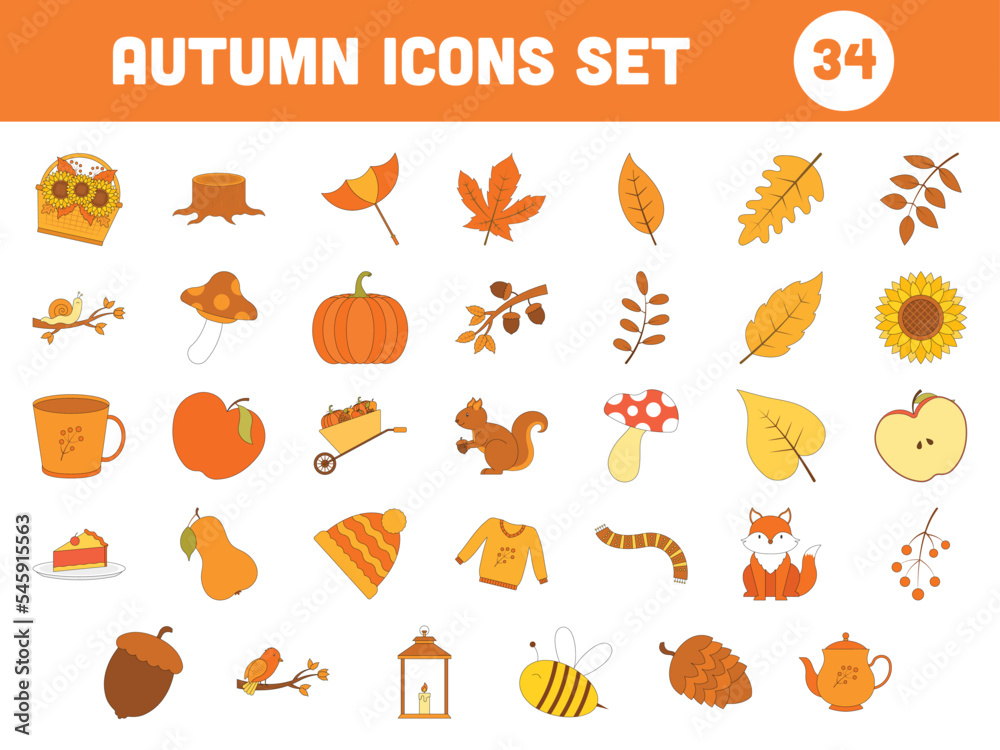 Set Of 34 Autumn Icons Over White Background.