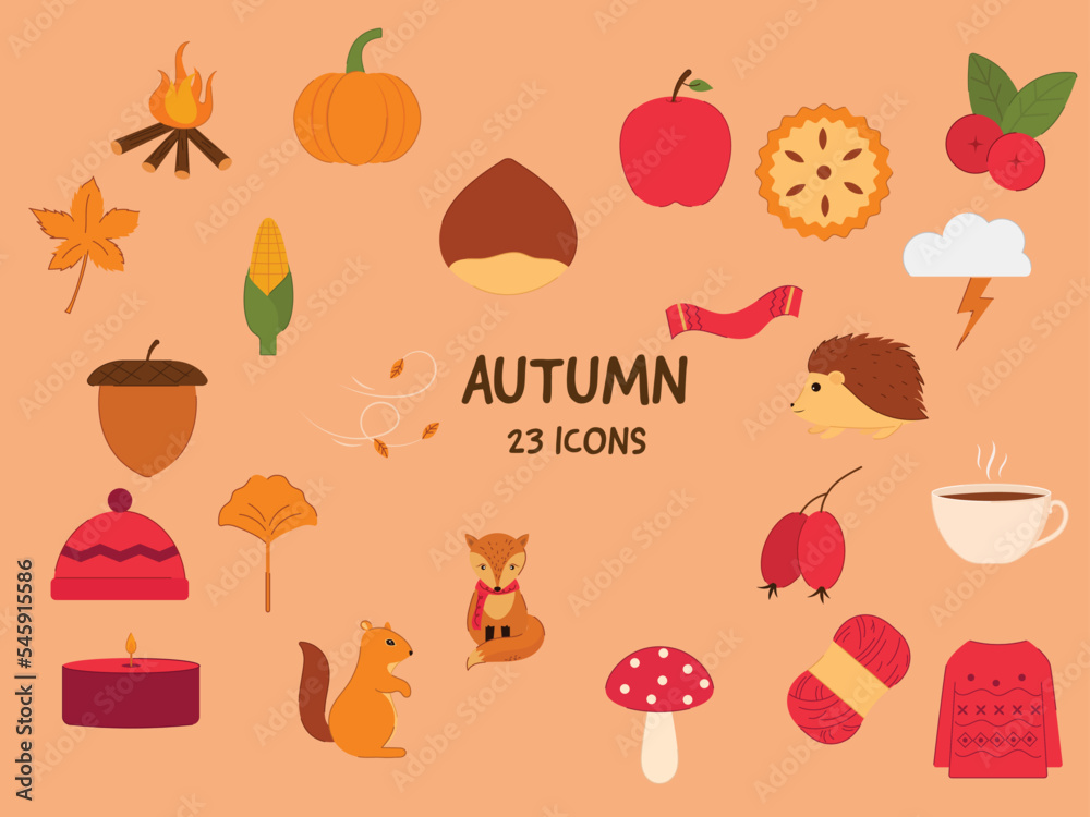Set Of 23 Autumn Icon Or Symbol On Peach Background. Set Of 23 Autumn Icon Or Symbol On Peach Background.