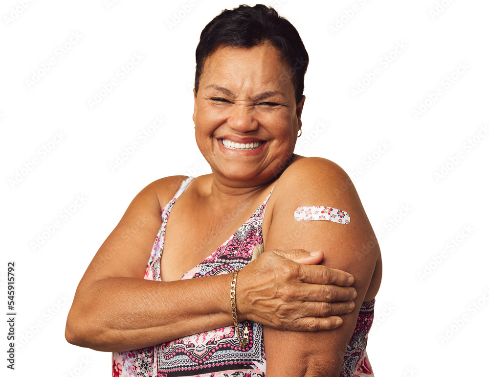 Vaccinated senior woman smiling happily on a transparent background - obrazy, fototapety, plakaty 