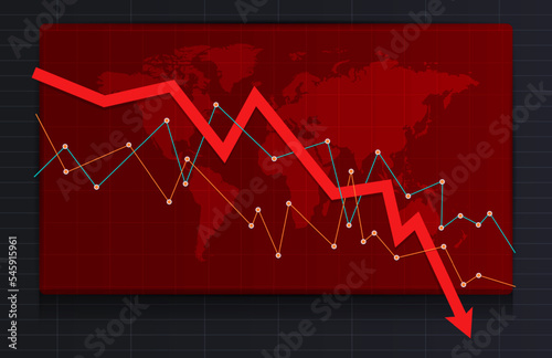 The red arrow above the world map shows the global crisis and inflation. Red screen with financial crisis inflation concept diagram.