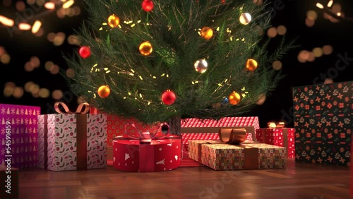 Dolly in on a small decorated christmas tree whose foot is covered with gifts, on a black background and light garland, 3D animation