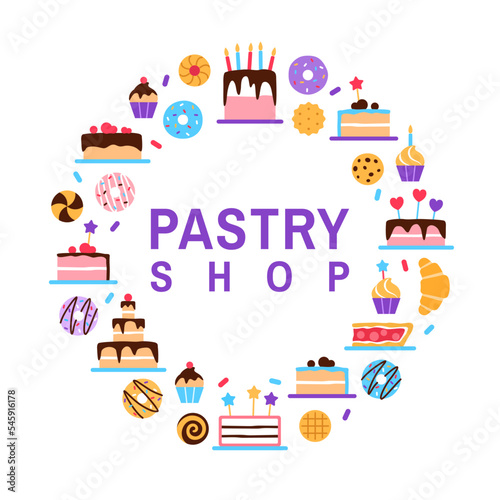 Pastry shop circle frame on white background. Colorful baked healthy food concept design. Dessert elements donut cake muffin with text space for cafe restaurant breakfast menu flat vector illustration