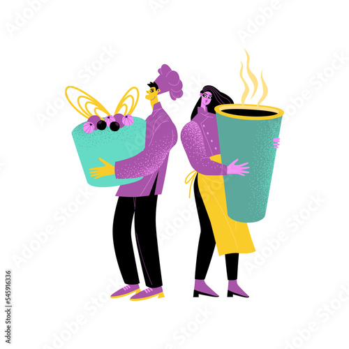 Cafe or bakery concept illustration in flat style. Funny characters with huge cupcake and paper cup of coffee. Baker and waiter