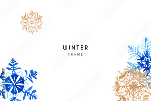 Winter watercolor background with blue and golden snowflakes on white.