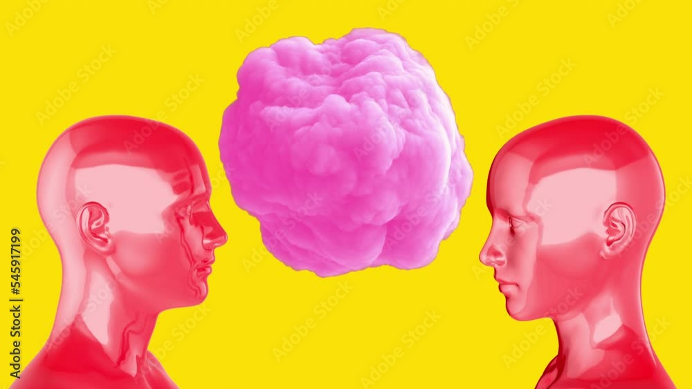 Woman and man red body with pink cloud in center. Realistic 3d art composition in creative modern stop motion style. Minimal abstract graphic concept design. Fashion loop animation.