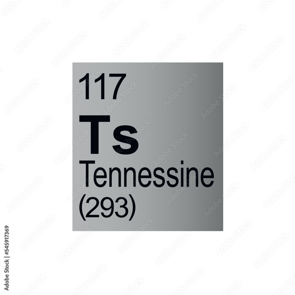 Tennessine chemical element of Mendeleev Periodic Table on grey background.