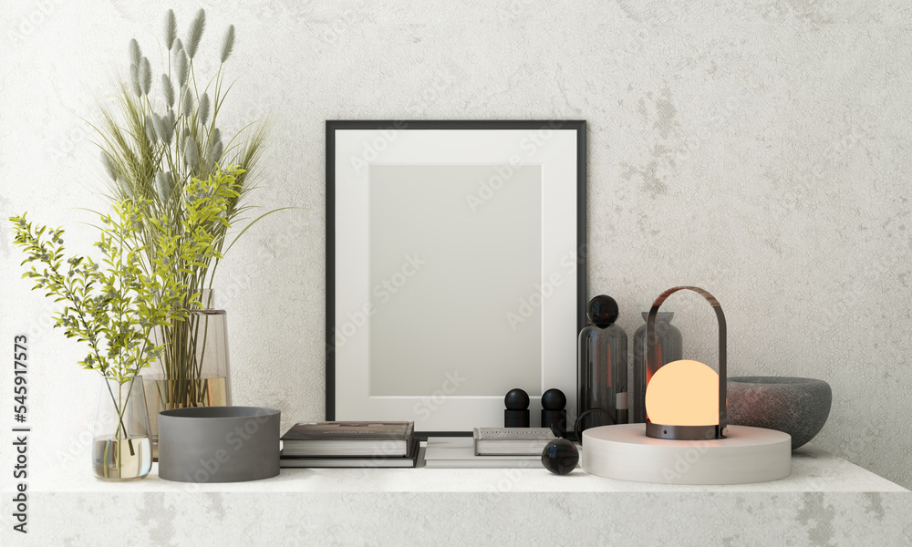 Obraz premium Mockup poster frame close up on light gray concrete cement wall with white flowers and surrounding by decoration mock up. 3D render