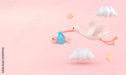 Stork Carrying Baby. 3D Illustration