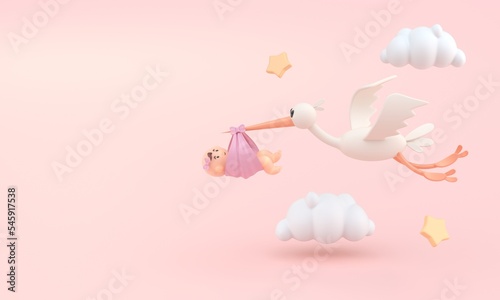 Fotografia Stork Carrying Baby. 3D Illustration