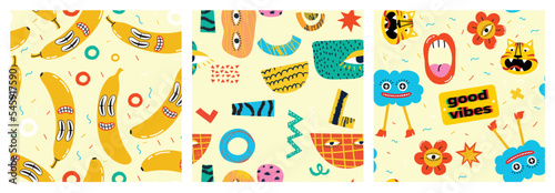 Seamless pattern with crazy comic faces, creepy characters and colorful geometric shapes with outline. Mosaic texture in complementary bright and black colors.