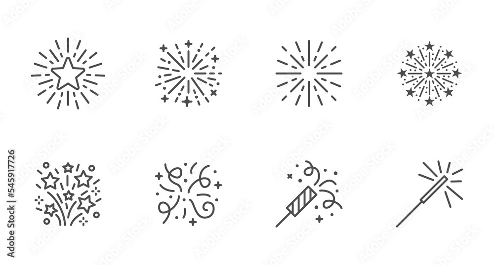 Firework line icon set. Christmas sparkler confetti, firecracker minimal vector illustration. Simple outline sign for New Year celebration party. Editable Stroke - obrazy, fototapety, plakaty 