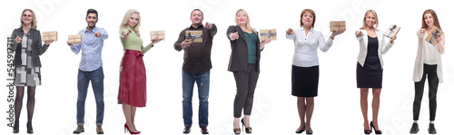 group of happy people with gifts in their hands isolated