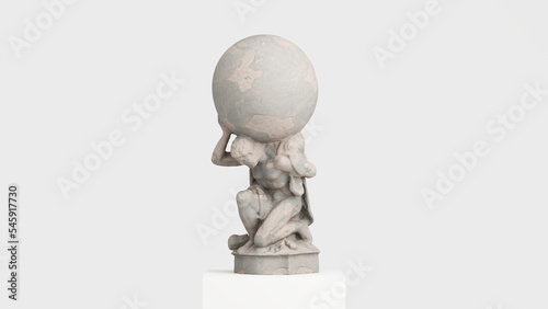 Atlas Statue Holding up the globe earth Celestial Heavens Pure White concrete cement texture. 3d illustration render