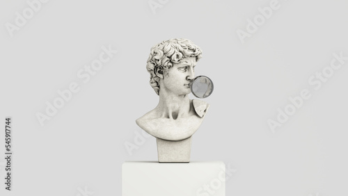 Abstract funny concept illustration from 3d rendering of classical head sculpture blowing a pure chewing gum bubble. Isolated on white background. 3d rendering