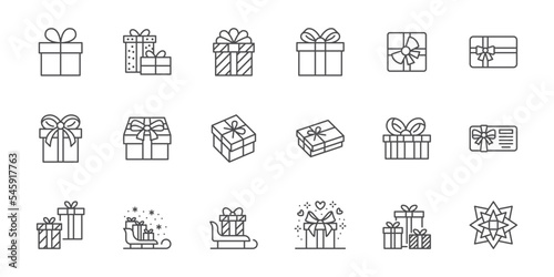 Gift line icon set. Christmas present box wrap, discount card certificate minimal vector illustration. Simple outline sign for New Year giftbox. Editable Stroke