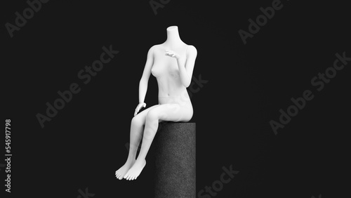 Statue of model mannequin in white for showcasing fashion clothes in an abstract concept. on stone pallet product stand. isolate on black background. 3d rendering