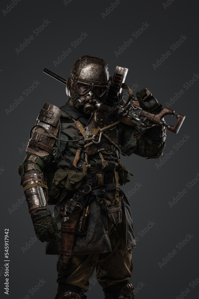 Shot of military man in setting of post apocalypse staring at camera. Shot of military man in setting of post apocalypse staring at camera.