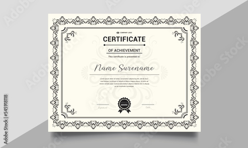 Achievement certificate design with badges and seals