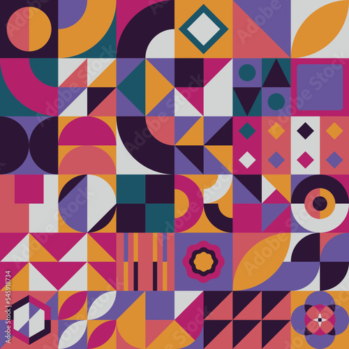 Bauhaus seamless pattern. Abstract square tiles with circle and triangle. Retro print in minimal style with geometric figure, vector texture