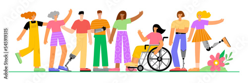 Set of different people. Community of men and women with disabilities and different races. Diversity and unity. Flat vector isolated illustration.