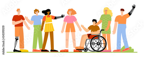 A community of happy people with disabilities. People in a wheelchair, with a prosthesis. Social diversity, multiracial group of people. Flat vector illustration