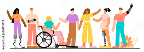 Multiracial group of people with disabilities. A set of different people with prosthetic arms, legs, in a wheelchair. Flat vector illustration