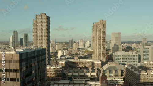 Rising drone shot over historic Barbican estate London photo