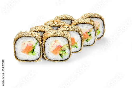 Deep-fried rolls with salmon, crab meat, cucumbers and lettuce in panko breadcrumbs photo