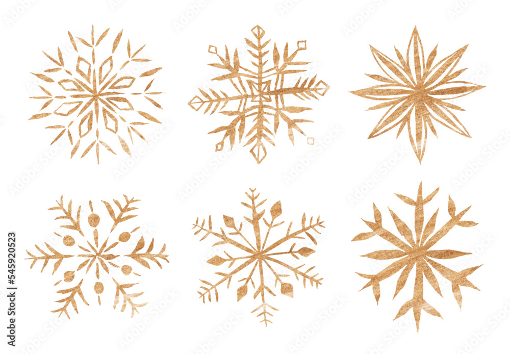 Collection of six Golden Snowflakes in Watercolor. Isolated on white. Symbol of Winter. Collection of six Golden Snowflakes in Watercolor. Isolated on white. Symbol of Winter.