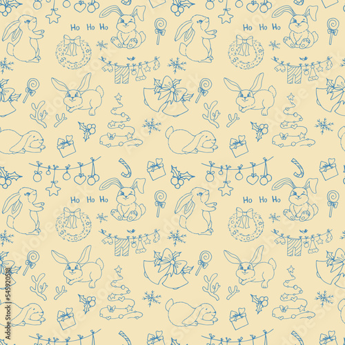 Wallpaper Mural Drawn Christmas seamless pattern with bunnies. Snowflakes. Rabbits. Christmas. New Year. Chinese New Year. Symbol of the year. Winter print. Torontodigital.ca