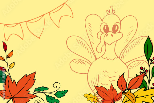 Decorative hand drawn Thanksgiving background. Poster. Festive background. Autumn. November. Drawn turkey. Leaves. Minimalism. Pilgrim.