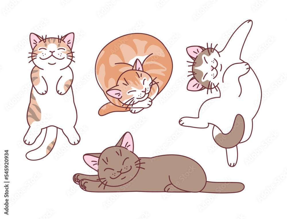 Four cartoon sleeping cats minimal vector illustration. Doodle cartoon cats series.