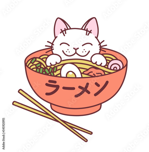 Cute white cat in ramen vector illustration. Doodle cartoon cats series.