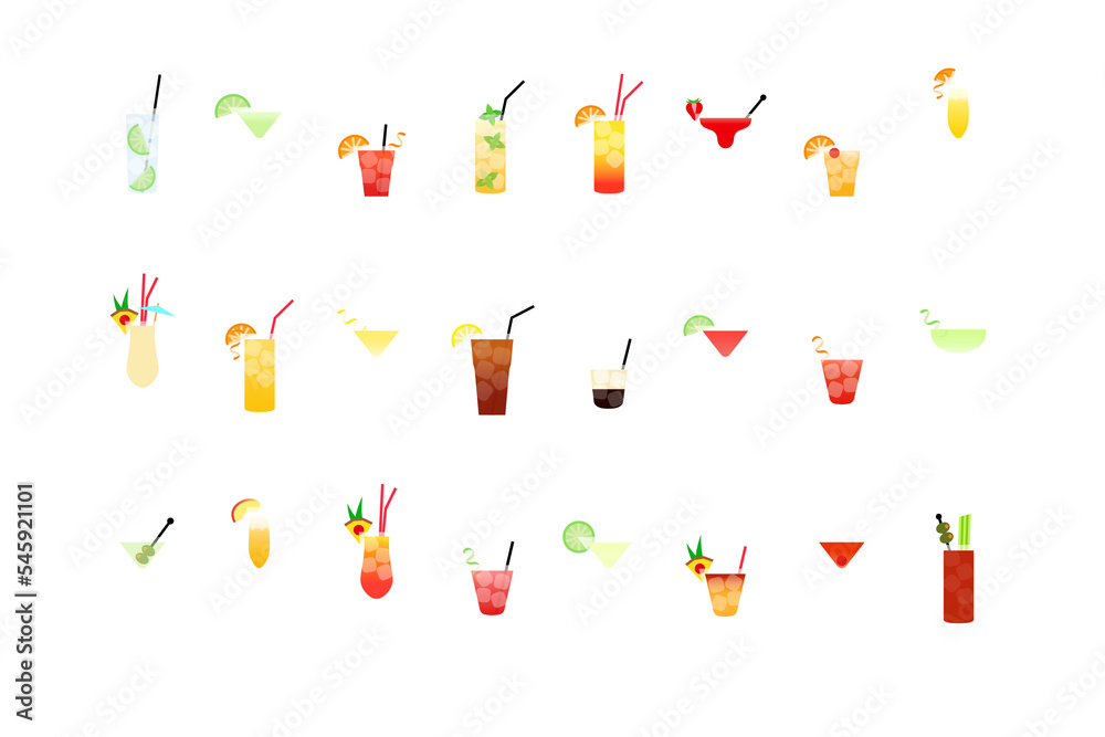 Most popular alcoholic cocktails part 2, icons set in flat style isolated PNG