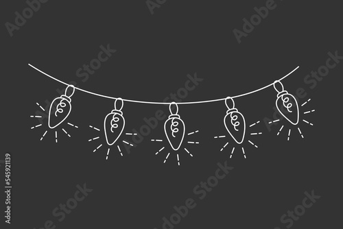 Garland bulbs in doodle style for decoration journal, planner and diary. Outline garland for design and print for christmas. Vector illustraion, isolated white element on a chalk board background