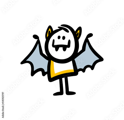 Cute boy in halloween costume of dracula bat with fangs and wings.