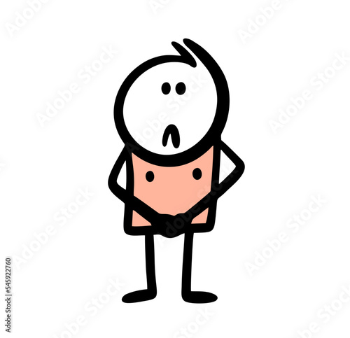 Funny doodle man without clothes ashamed covers up his body with hands.