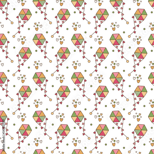 Pattern with flying kites. Cute seamless pattern with flying kites and hearts. Cartoon doodle vector illustration.