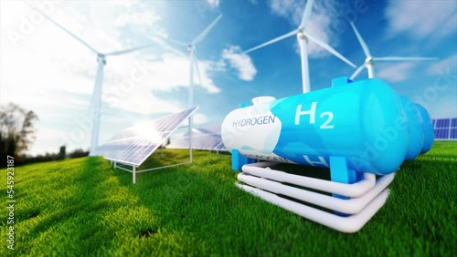 Green Hydrogen renewable energy production pipeline - green hydrogen gas for clean electricity solar and windturbine facility