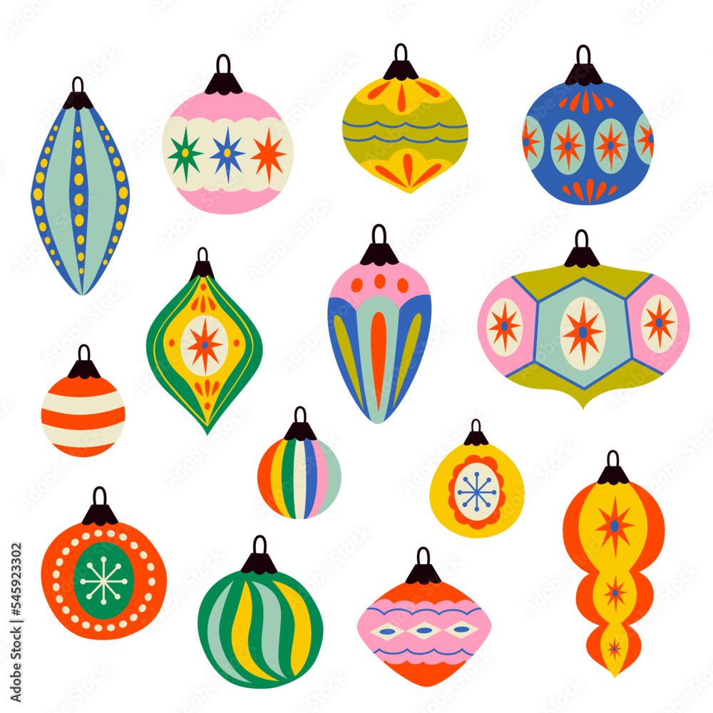set of isolated retro Christmas tree ornaments set of isolated retro Christmas tree ornaments