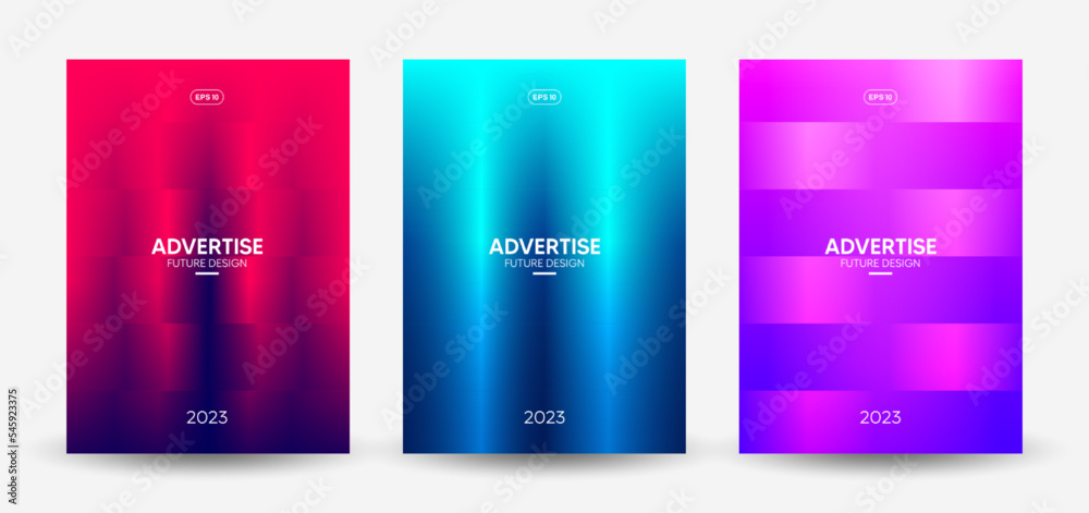 Set of three modern design templates. Creative glowing covers with gradients for banners, posters, flyers, brochures, and page layouts other. Vector, 2023