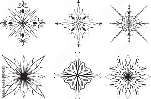 Vector set of a pattern in the form of a frosty pattern or floral linear ornament, a template for decoration. Design elements or tattoo sketch. Logo design element.