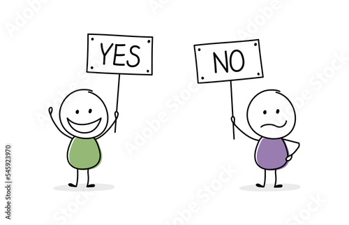 Business discuss concept. Stickmen holding plate with text - yes and no. Vector