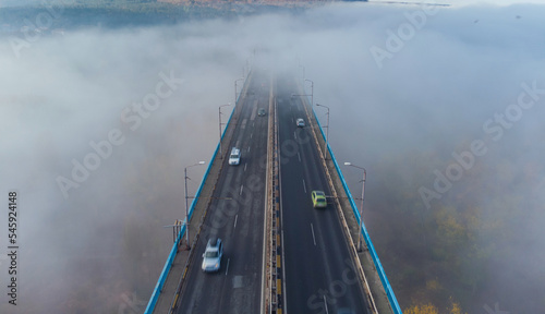 Aerial view of the Asparuhov bridge in the fog in the morning, Varna, Bulgaria photo